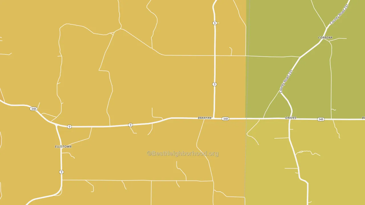 Map of the best neighborhoods in the Branyan area, with better matches in green and worse matches in red