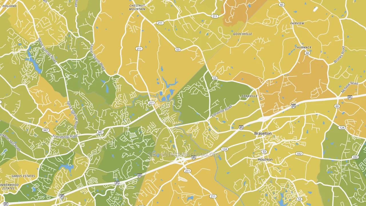 Map of the best neighborhoods in the Braselton area, with better matches in green and worse matches in red
