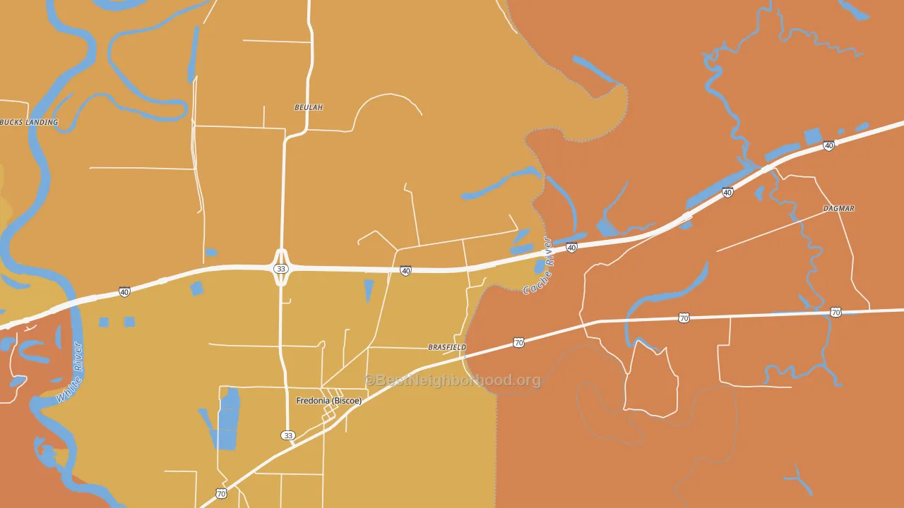 Map of the best neighborhoods in the Brasfield area, with better matches in green and worse matches in red