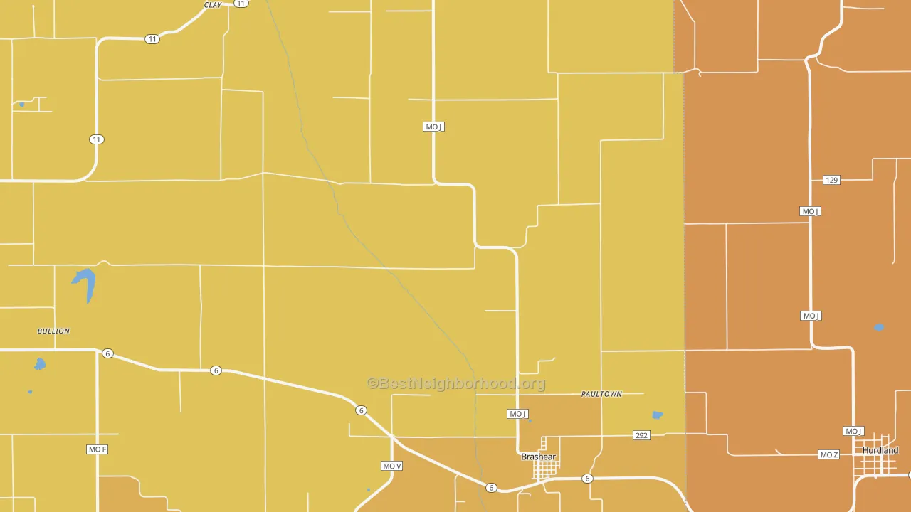 Map of the best neighborhoods in the Brashear area, with better matches in green and worse matches in red