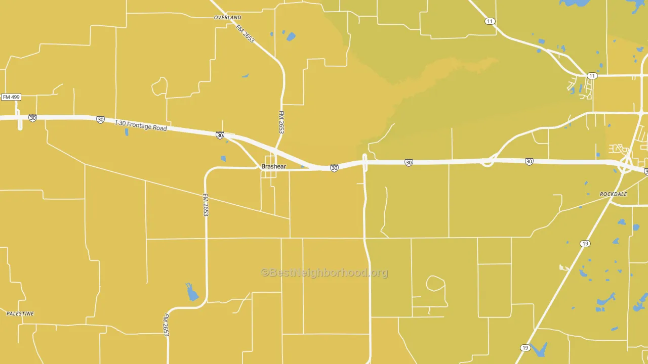 Map of the best neighborhoods in the Brashear area, with better matches in green and worse matches in red