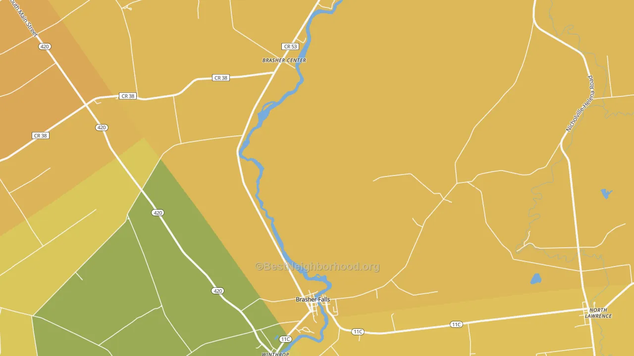 Map of the best neighborhoods in the Brasher Falls area, with better matches in green and worse matches in red
