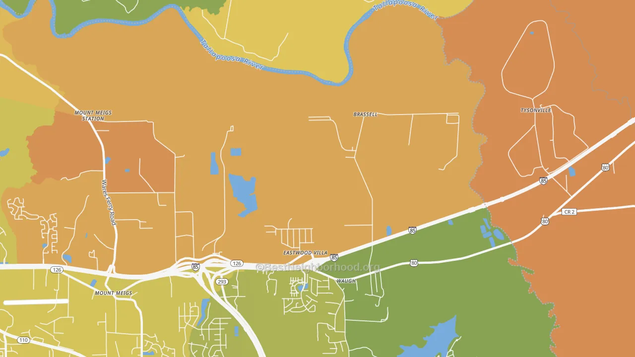Map of the best neighborhoods in the Brassell area, with better matches in green and worse matches in red