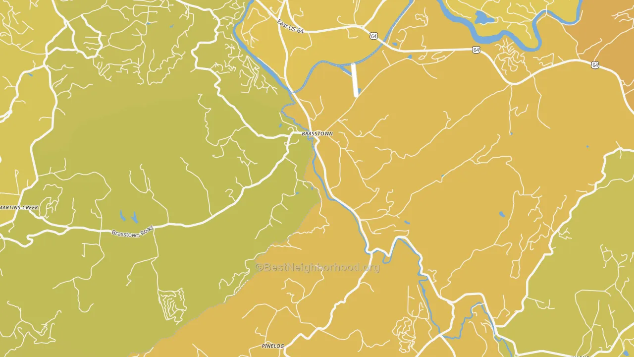 Map of the best neighborhoods in the Brasstown area, with better matches in green and worse matches in red
