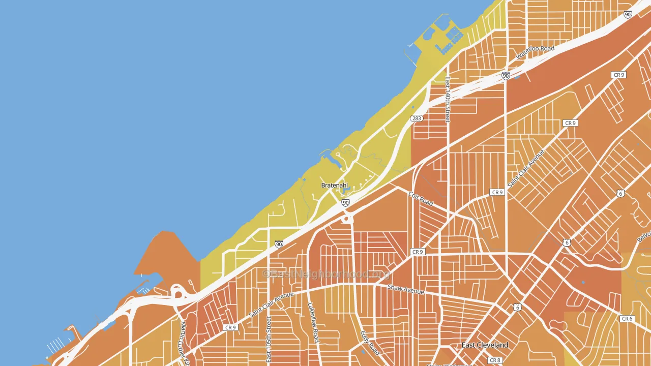Map of the best neighborhoods in the Bratenahl area, with better matches in green and worse matches in red