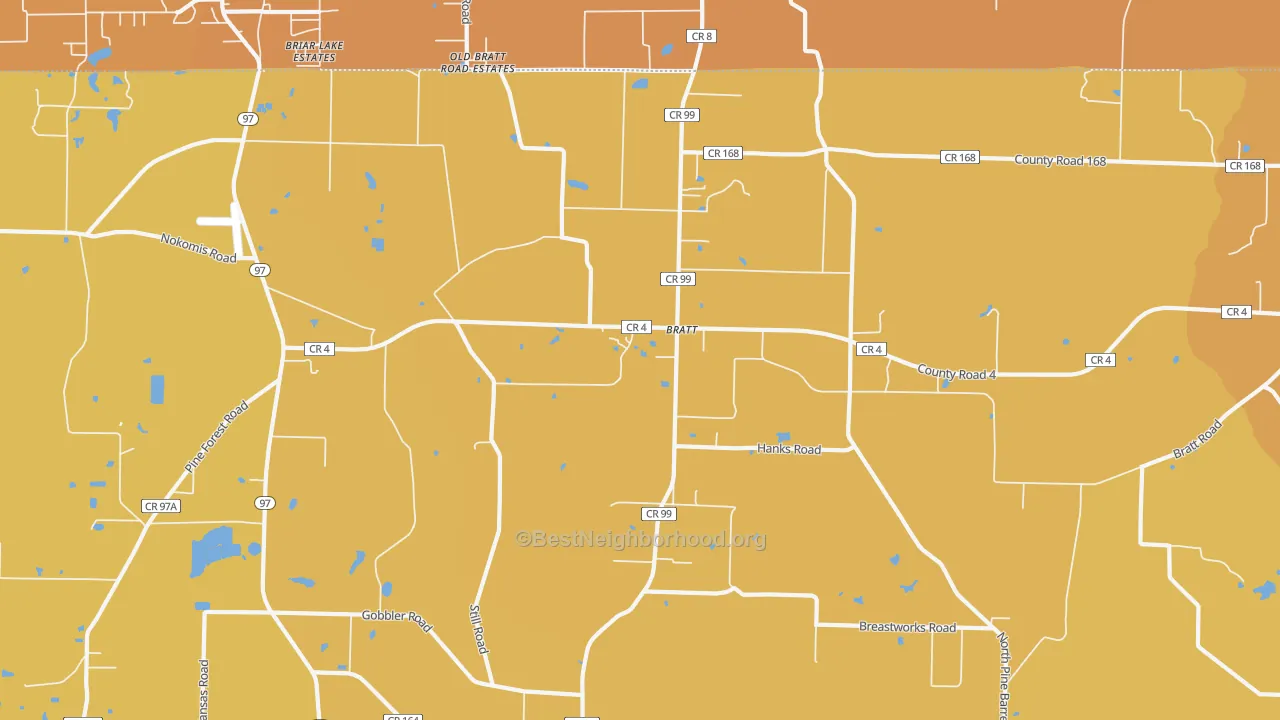 Map of the best neighborhoods in the Bratt area, with better matches in green and worse matches in red