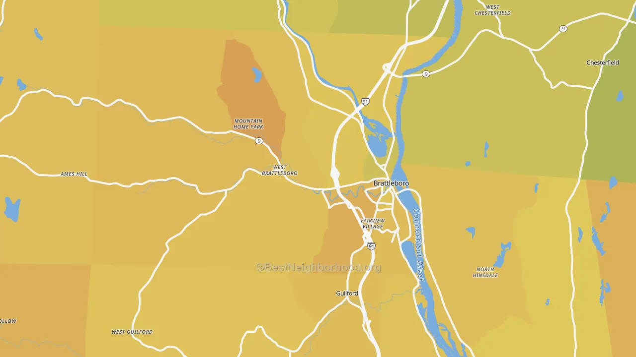 Map of the best neighborhoods in the Brattleboro area, with better matches in green and worse matches in red