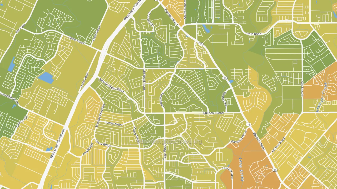 Map of the best neighborhoods in the Braun Station West, San Antonio area, with better matches in green and worse matches in red