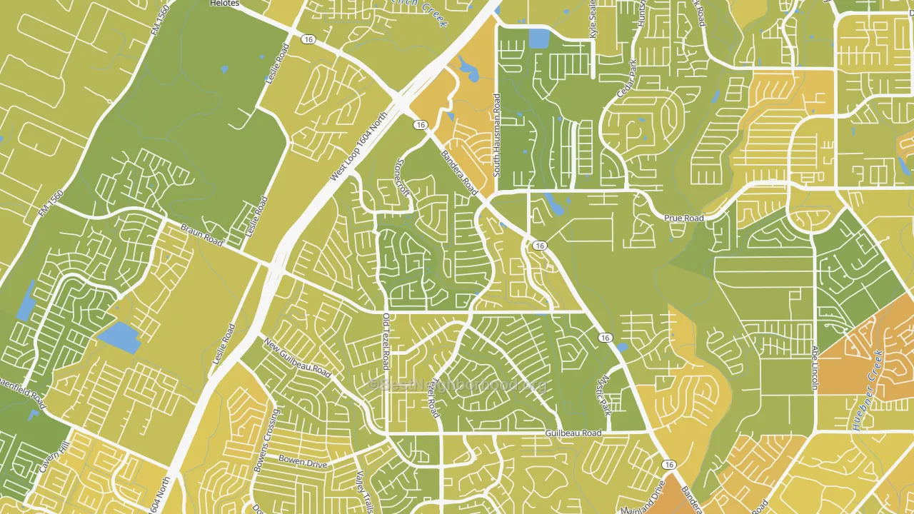 Map of the best neighborhoods in the Braun's Farm, San Antonio area, with better matches in green and worse matches in red