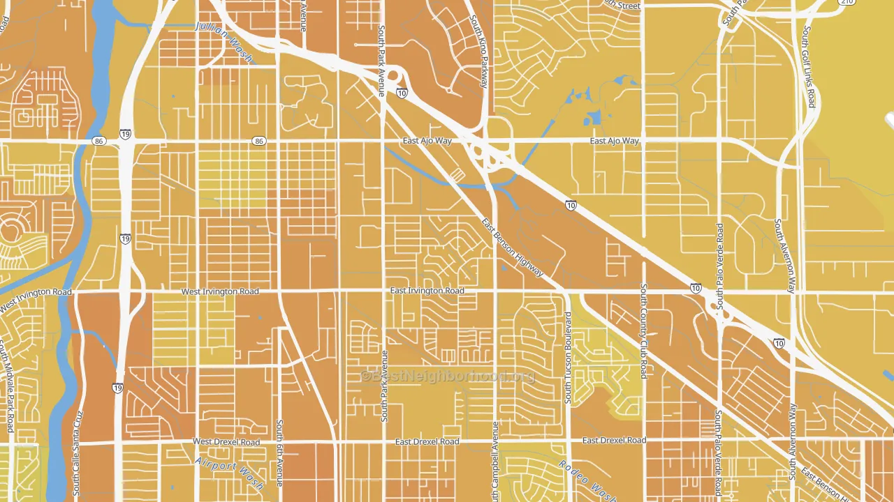 Map of the best neighborhoods in the Bravo Park Lane, Tucson area, with better matches in green and worse matches in red