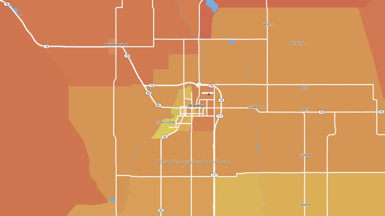 Map of the best neighborhoods in the Brawley area, with better matches in green and worse matches in red
