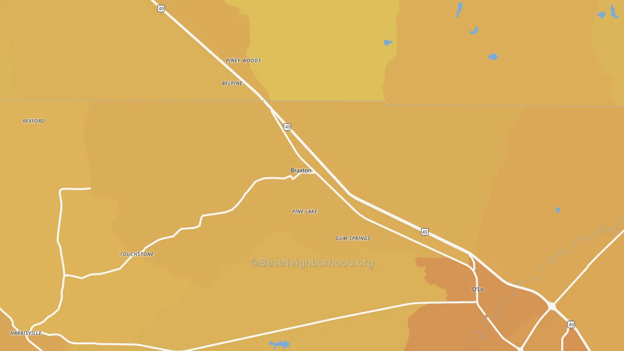 Map of the best neighborhoods in the Braxton area, with better matches in green and worse matches in red