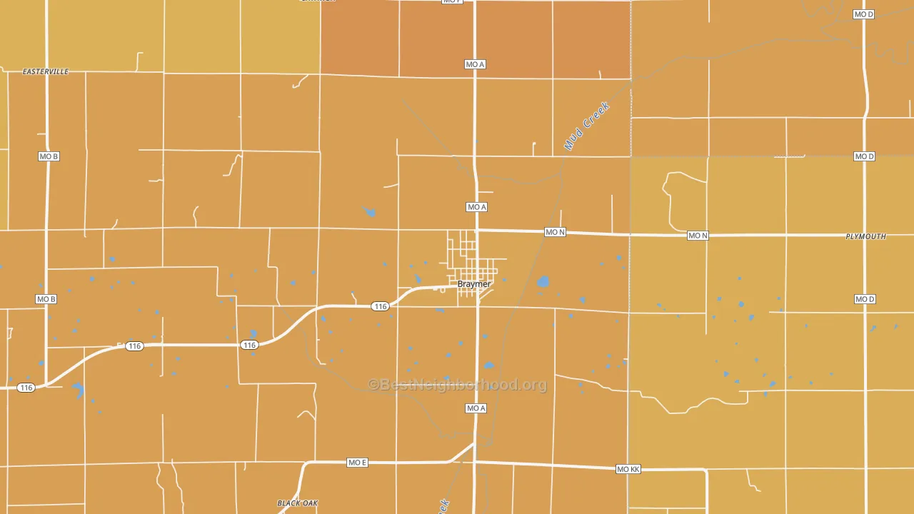 Map of the best neighborhoods in the Braymer area, with better matches in green and worse matches in red