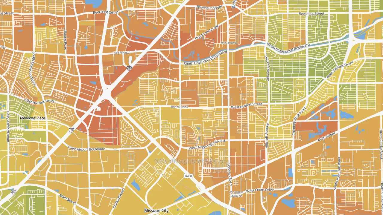 Map of the best neighborhoods in the Brays Oaks, Houston area, with better matches in green and worse matches in red