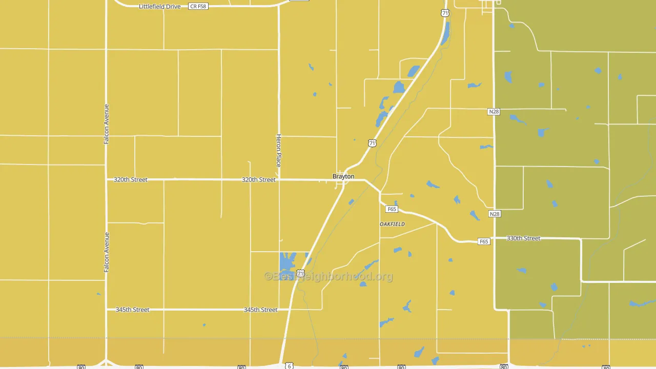 Map of the best neighborhoods in the Brayton area, with better matches in green and worse matches in red