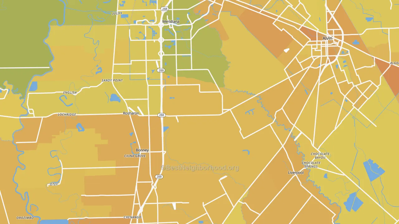 Map of the best neighborhoods in the Brazoria County area, with better matches in green and worse matches in red