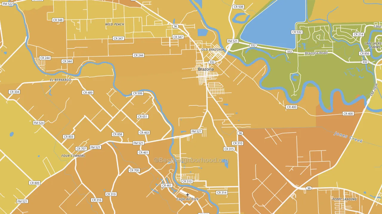 Map of the best neighborhoods in the Brazoria area, with better matches in green and worse matches in red