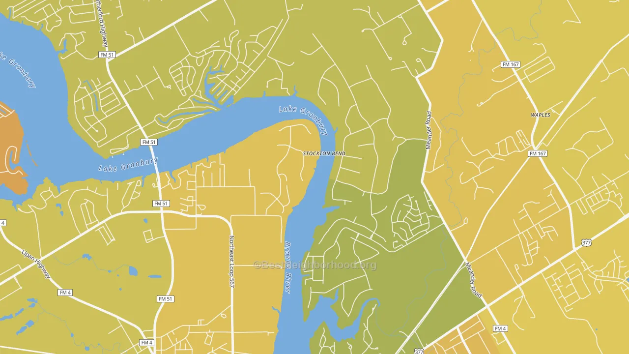 Map of the best neighborhoods in the Brazos Bend area, with better matches in green and worse matches in red