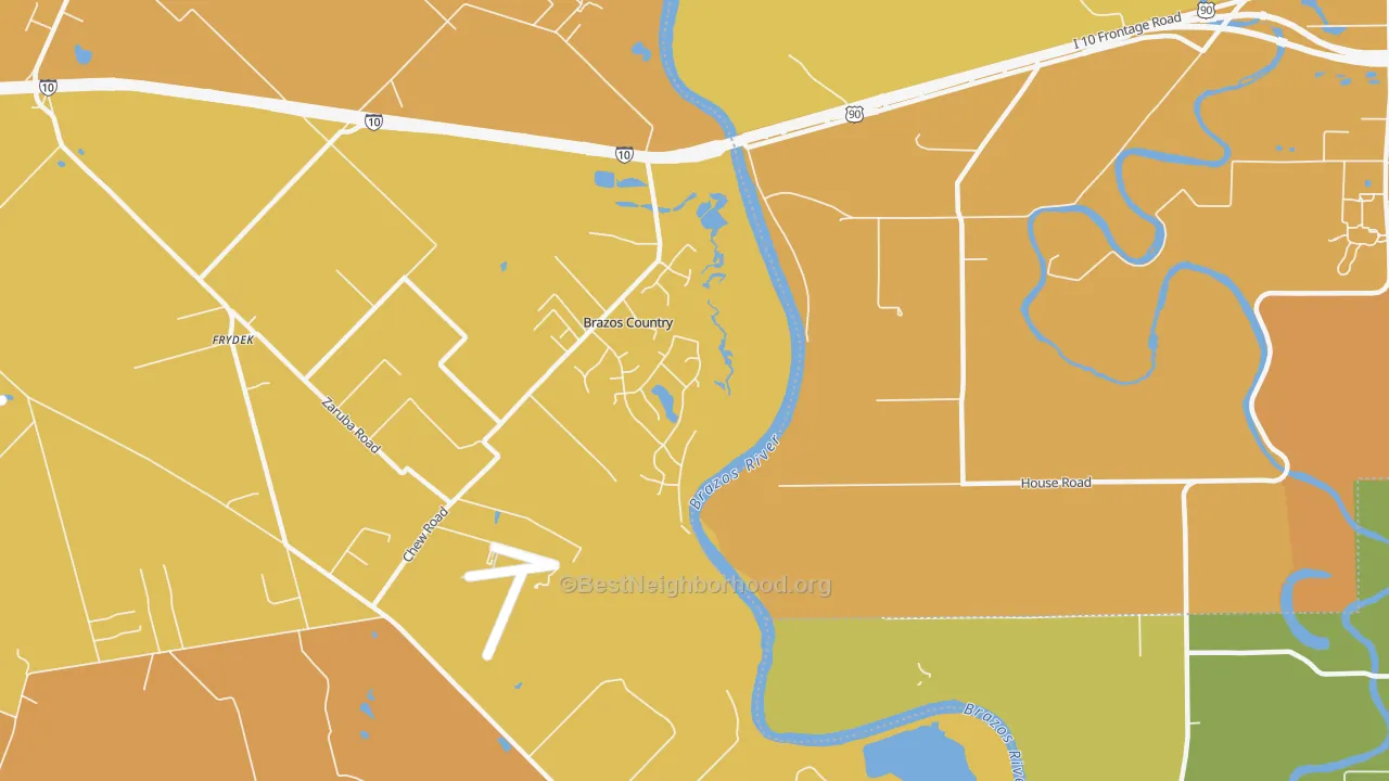 Map of the best neighborhoods in the Brazos Country area, with better matches in green and worse matches in red