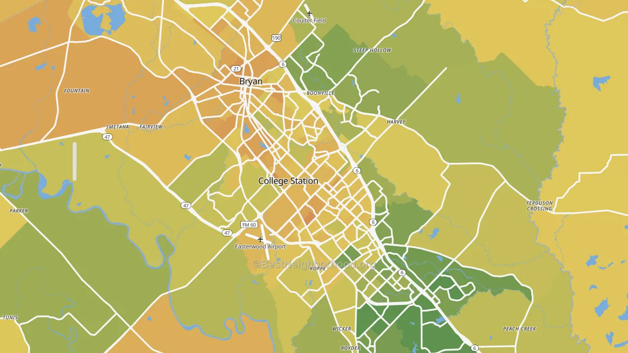Map of the best neighborhoods in the Brazos County area, with better matches in green and worse matches in red