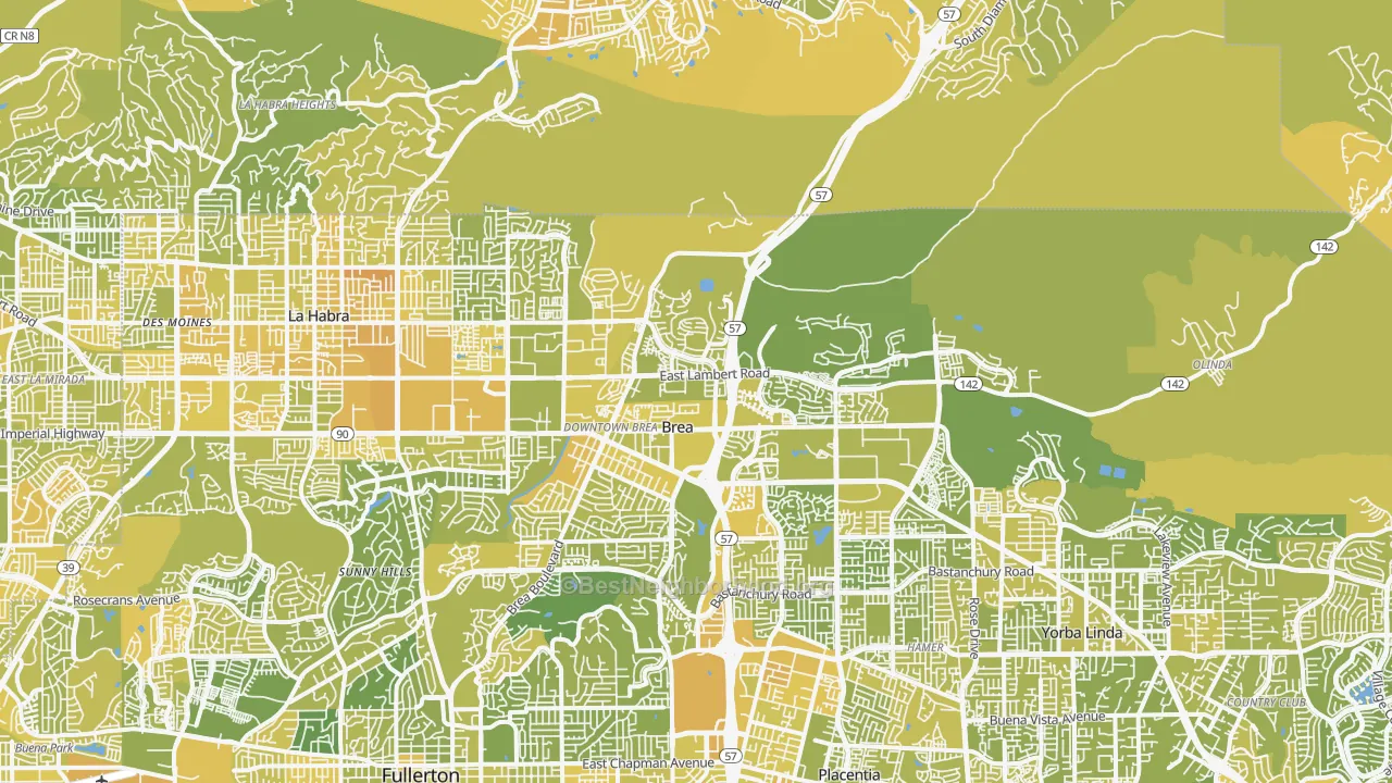 Map of the best neighborhoods in the Brea area, with better matches in green and worse matches in red