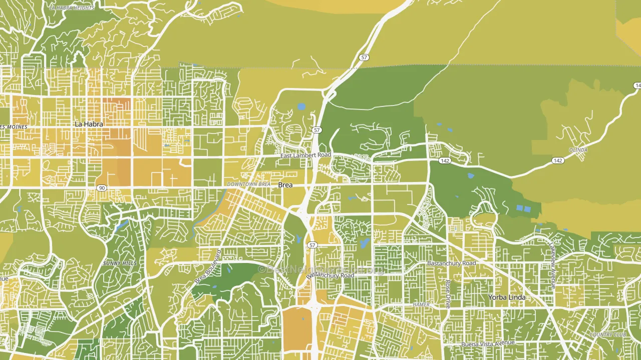 Map of the best neighborhoods in the Brea-Olinda, Brea area, with better matches in green and worse matches in red