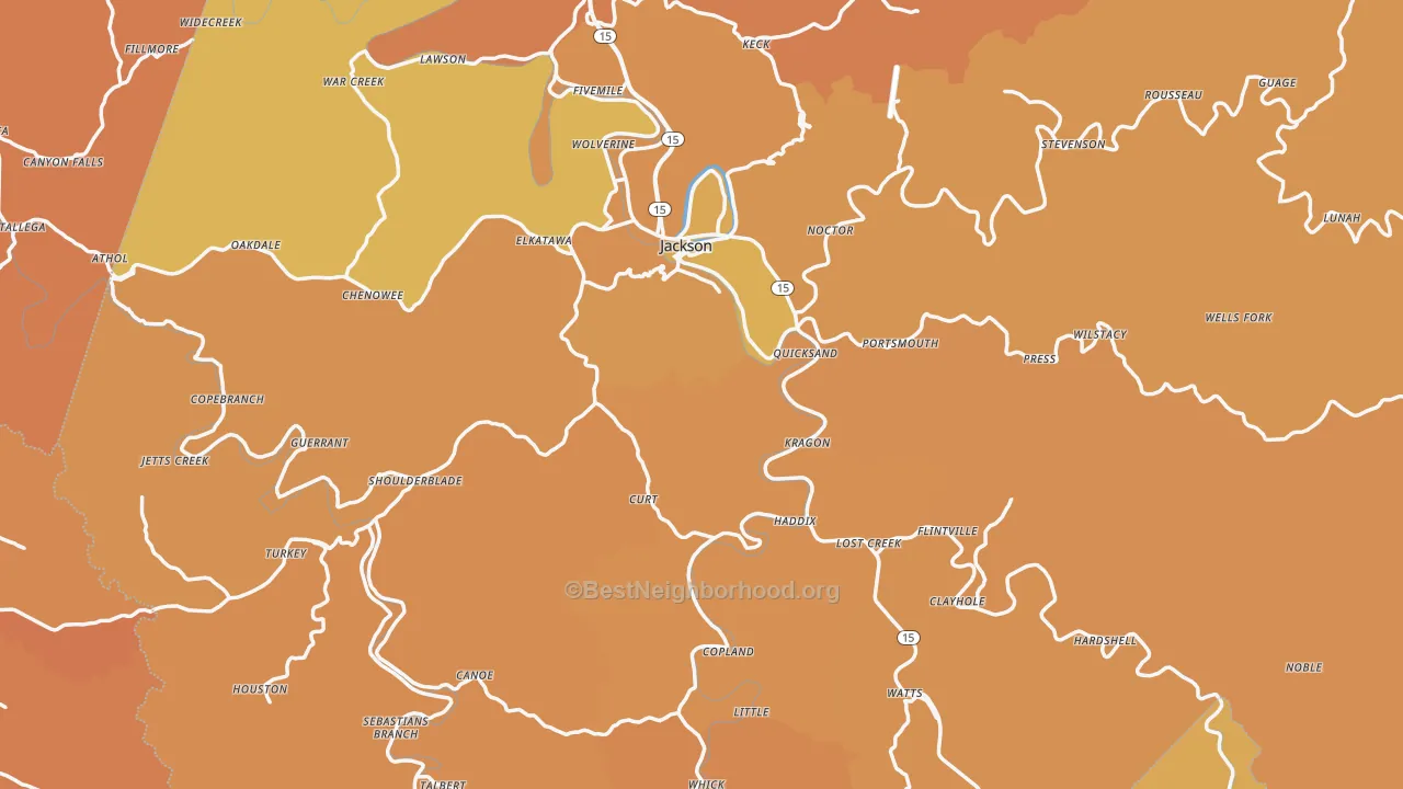 Map of the best neighborhoods in the Breathitt County area, with better matches in green and worse matches in red
