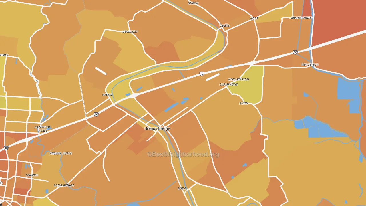 Map of the best neighborhoods in the Breaux Bridge area, with better matches in green and worse matches in red