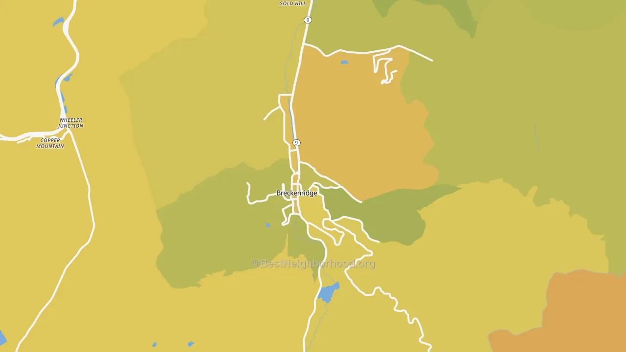 Map of the best neighborhoods in the Breckenridge area, with better matches in green and worse matches in red