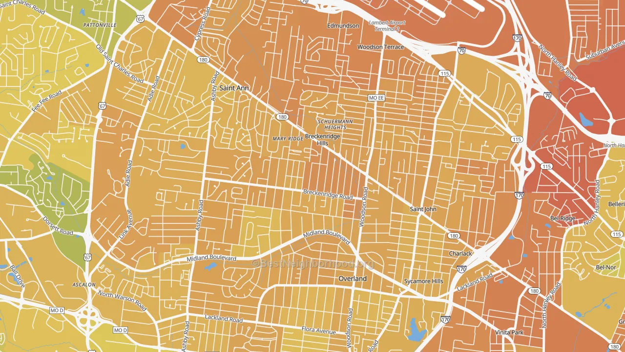 Map of the best neighborhoods in the Breckenridge Hills area, with better matches in green and worse matches in red