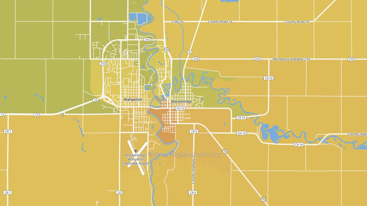 Map of the best neighborhoods in the Breckenridge area, with better matches in green and worse matches in red