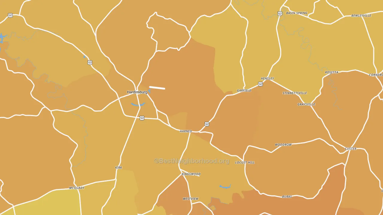 Map of the best neighborhoods in the Breckinridge County area, with better matches in green and worse matches in red