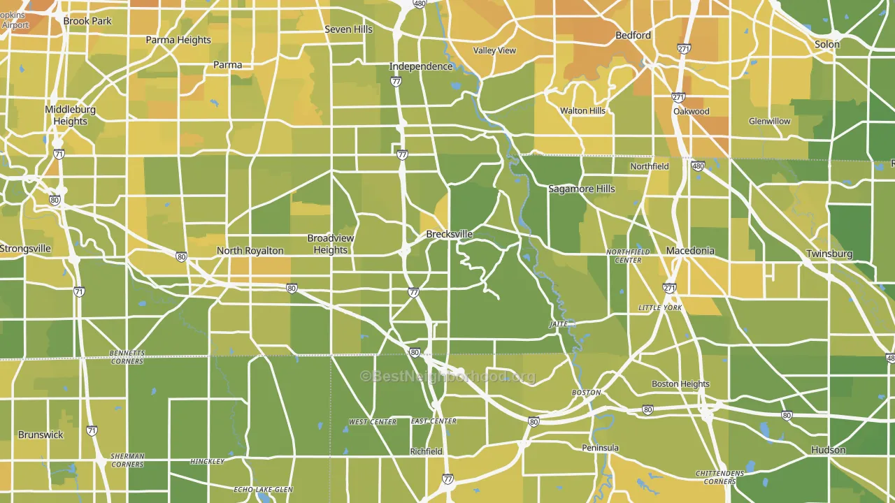 Map of the best neighborhoods in the Brecksville area, with better matches in green and worse matches in red