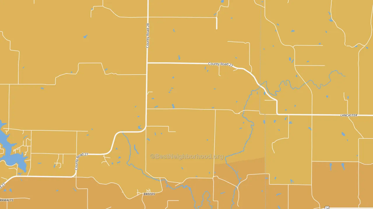 Map of the best neighborhoods in the Breeds area, with better matches in green and worse matches in red