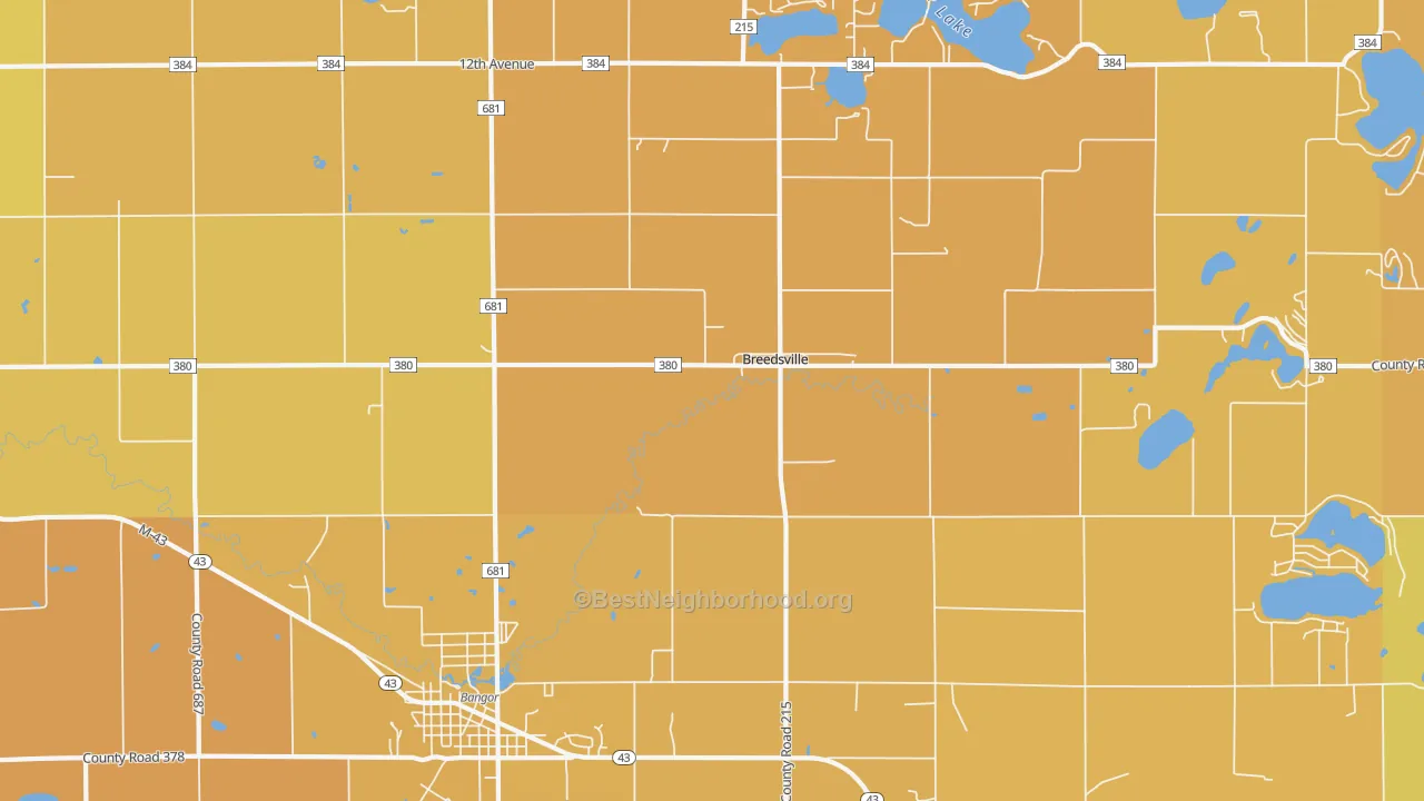 Map of the best neighborhoods in the Breedsville area, with better matches in green and worse matches in red