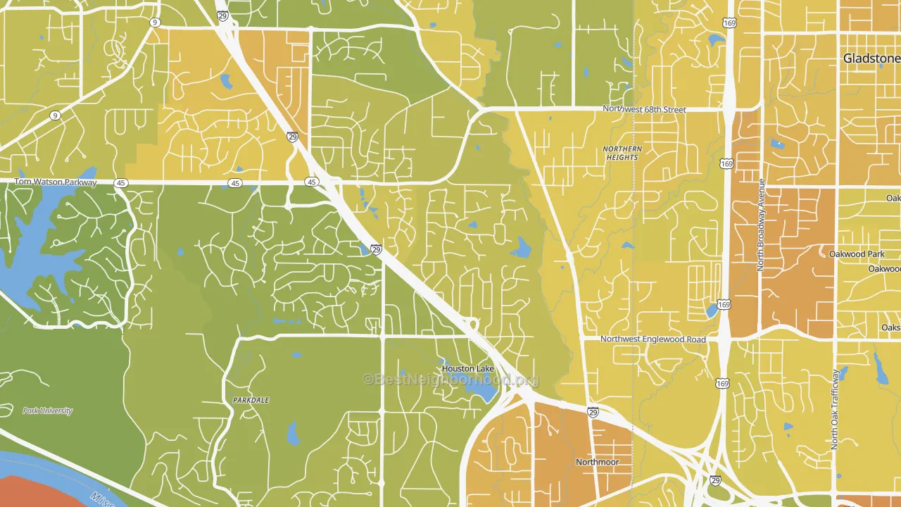 Map of the best neighborhoods in the Breen Hills, Kansas City area, with better matches in green and worse matches in red