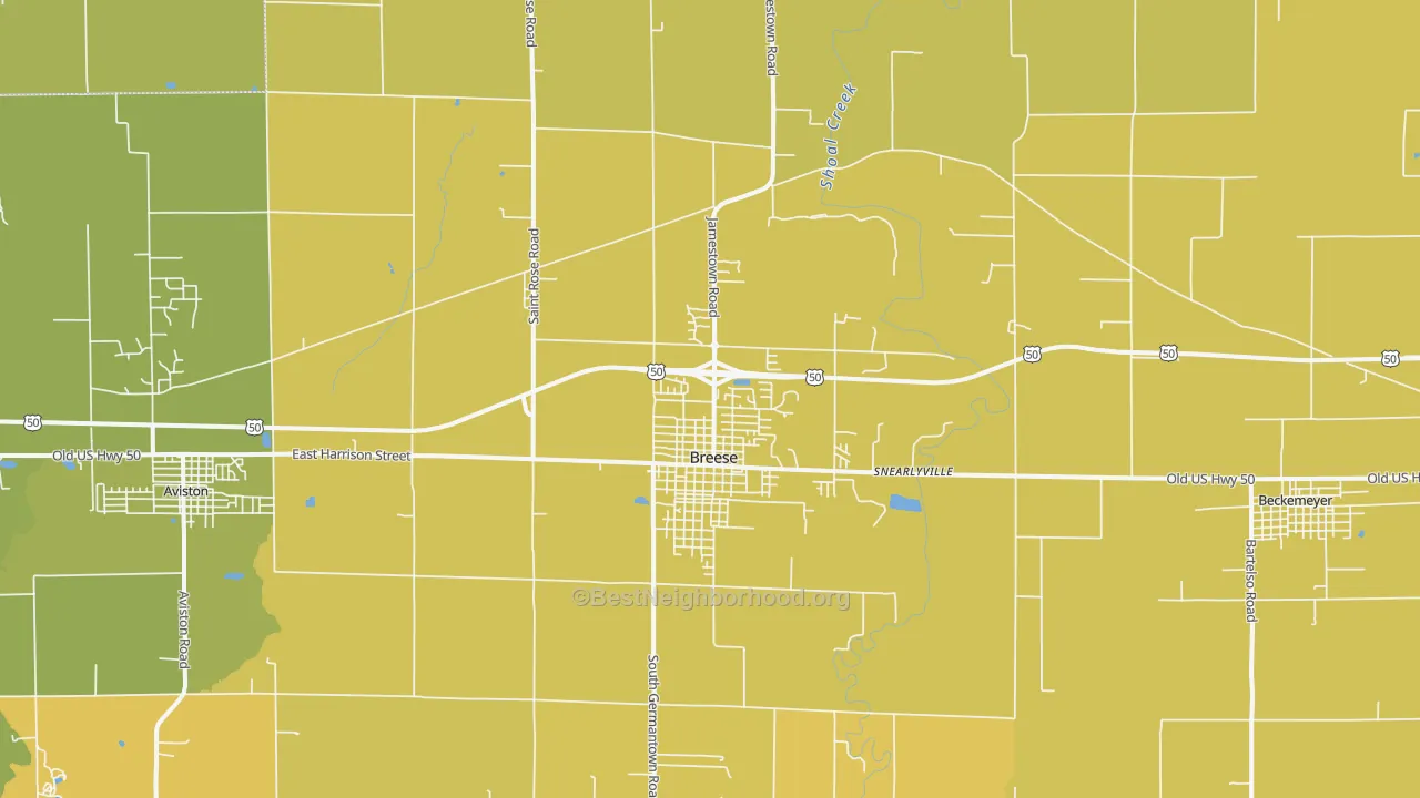 Map of the best neighborhoods in the Breese area, with better matches in green and worse matches in red