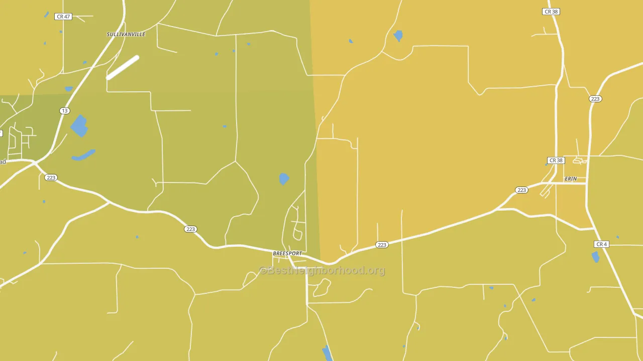 Map of the best neighborhoods in the Breesport area, with better matches in green and worse matches in red