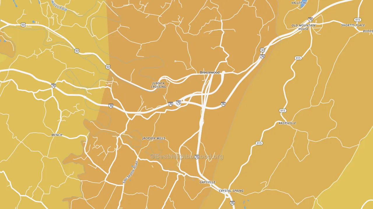 Map of the best neighborhoods in the Breezewood area, with better matches in green and worse matches in red
