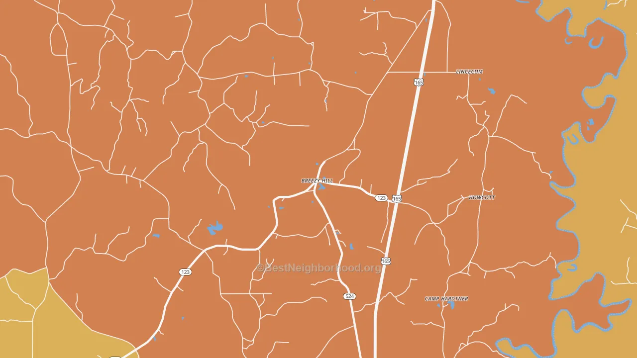 Map of the best neighborhoods in the Breezy Hill area, with better matches in green and worse matches in red