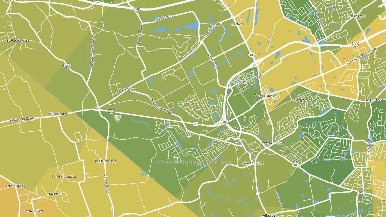 Map of the best neighborhoods in the Breinigsville area, with better matches in green and worse matches in red