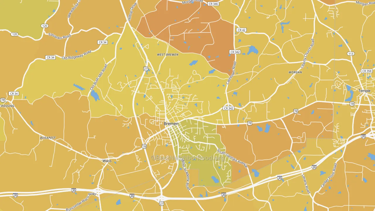 Map of the best neighborhoods in the Bremen area, with better matches in green and worse matches in red