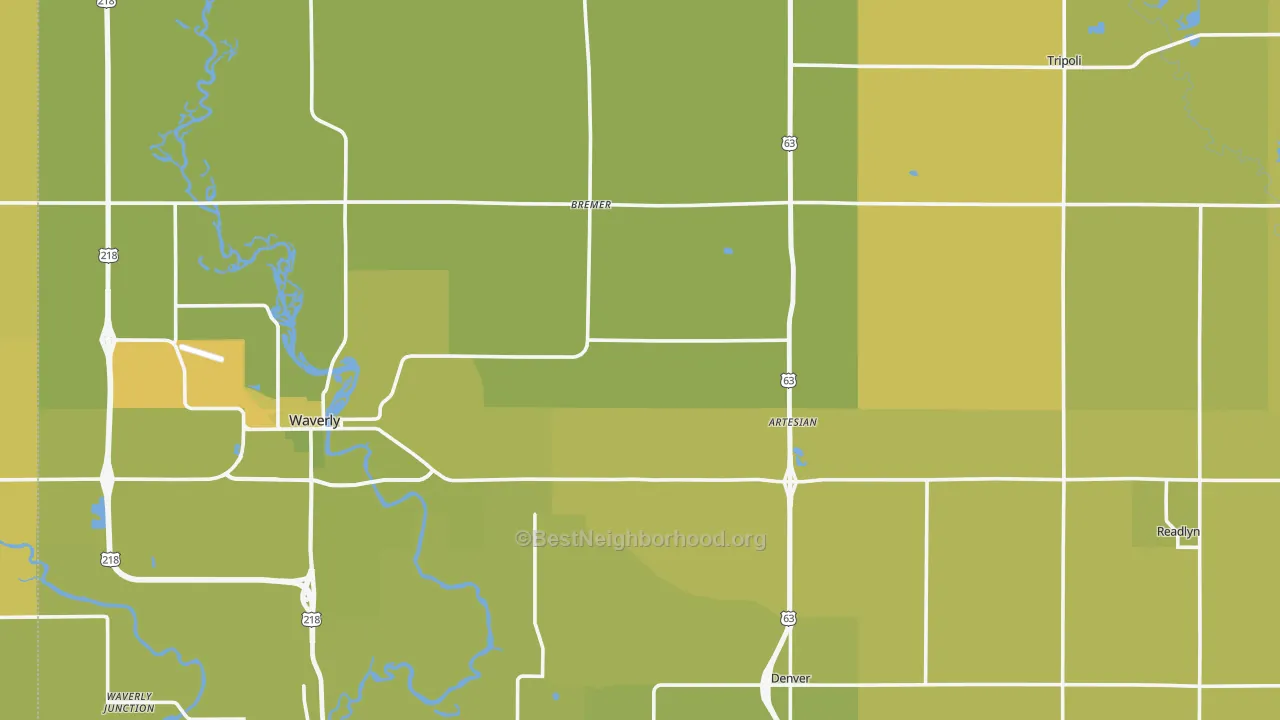 Map of the best neighborhoods in the Bremer County area, with better matches in green and worse matches in red