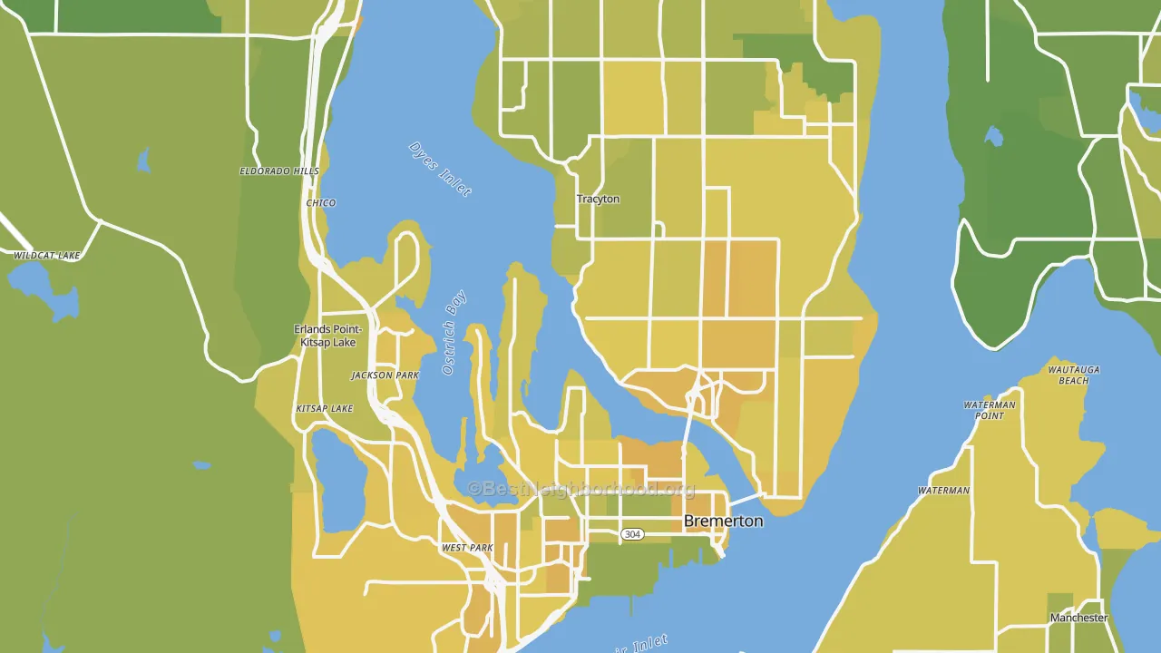 Map of the best neighborhoods in the Bremerton Metro area, with better matches in green and worse matches in red