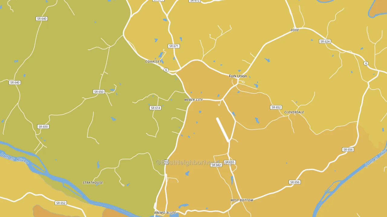 Map of the best neighborhoods in the Bremo Bluff area, with better matches in green and worse matches in red