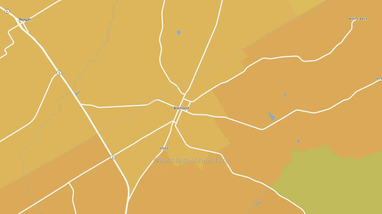 Map of the best neighborhoods in the Bremond area, with better matches in green and worse matches in red