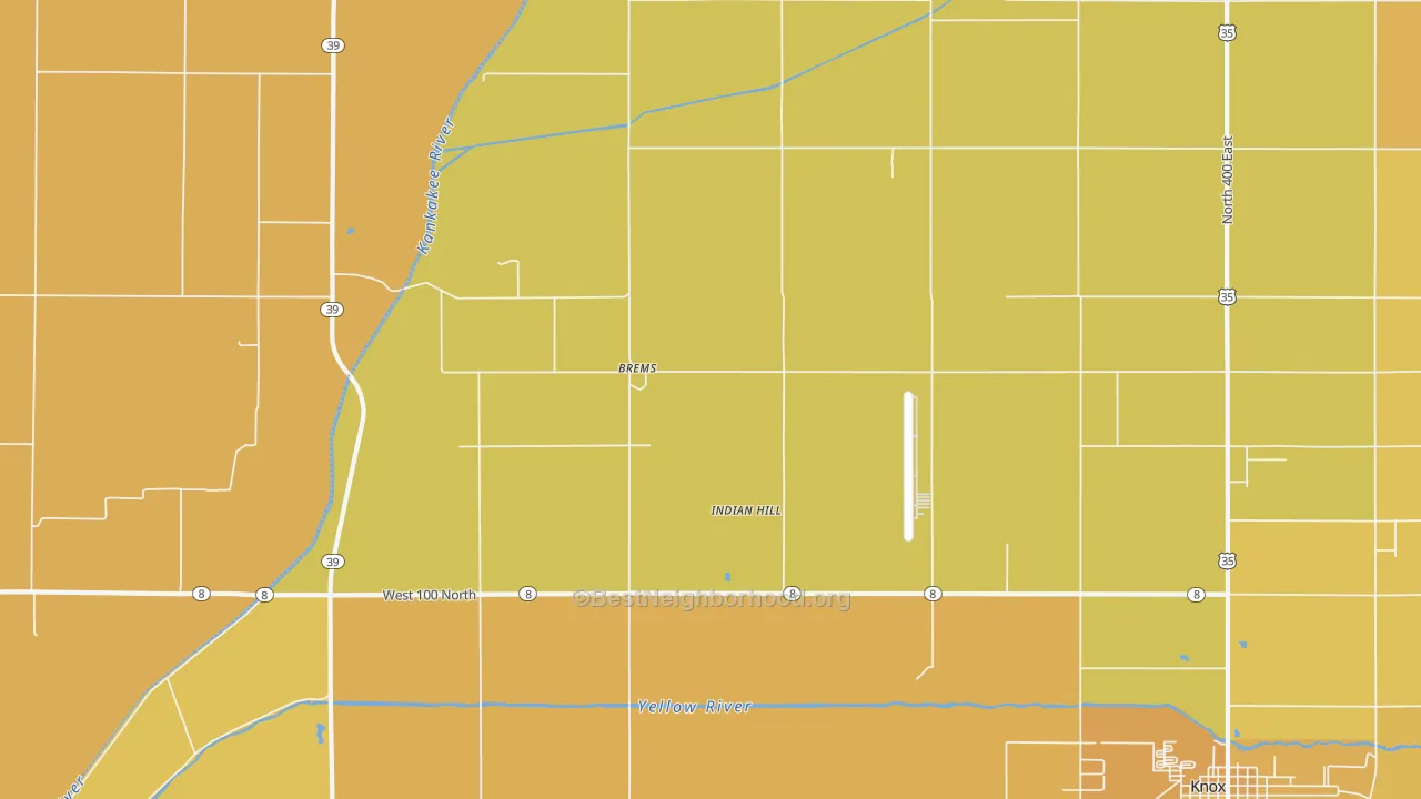 Map of the best neighborhoods in the Brems area, with better matches in green and worse matches in red