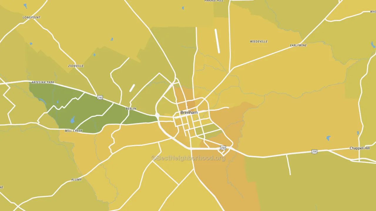 Map of the best neighborhoods in the Brenham area, with better matches in green and worse matches in red
