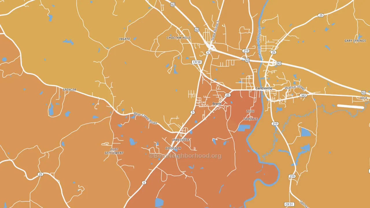 Map of the best neighborhoods in the Brent area, with better matches in green and worse matches in red