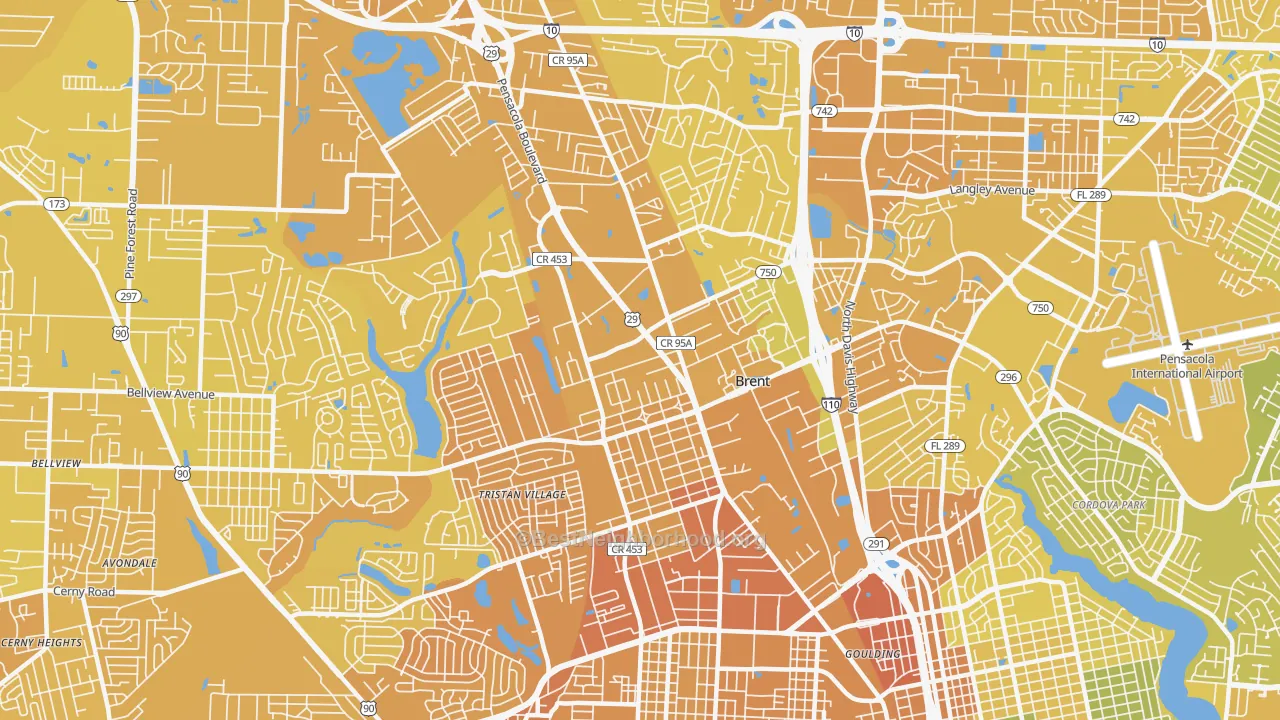 Map of the best neighborhoods in the Brent area, with better matches in green and worse matches in red